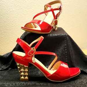 NEW!!! SEXY! RED AND GOLD VALENTINE DATE NIGHT HIGH HEELS CHRYSTAL ACCENTS